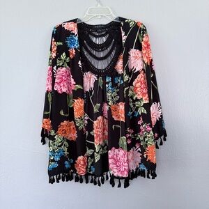 August Silk Kimono Black Floral Crochet Pom Pom Cardigan Boho Size S